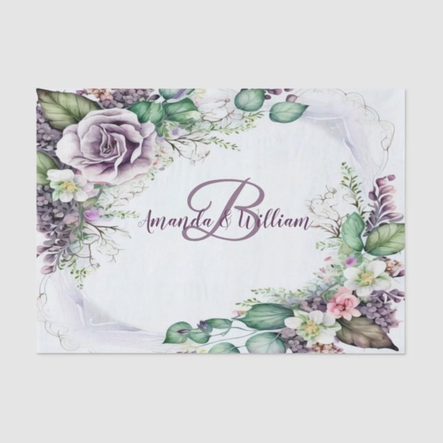 Monogram Name Party Purple Floral Green Foliage Tissue Paper (Front)