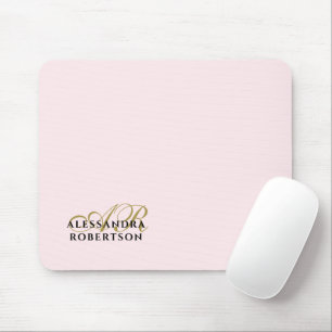 Monogram Name Pastel Pink Gold Black Minimalist  Mouse Pad