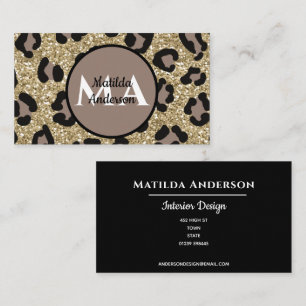 monogram name personal glitter gold animal print business card