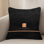 Monogram name personalised black gold elegant cushion<br><div class="desc">Luxury exclusive looking office or personal monogrammed throw pillow featuring a faux copper brushed metallic gold square with your monogram name initials and a metal look stripe over a stylish black faux leather texture (PRINTED) background. Suitable for small business office, corporate or independent business professionals, personal branding or stylists specialists,...</div>