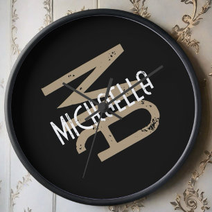 Monogram name personalised black white beige tan clock