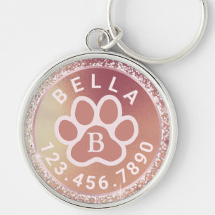 Monogram Name & Phone Peach Pink Round Pet Tag Key Ring