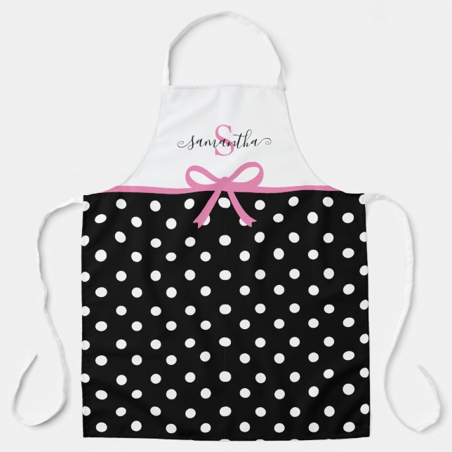 Monogram Name Pink Black Polka Dots Ribbon Kitchen Apron (Front)