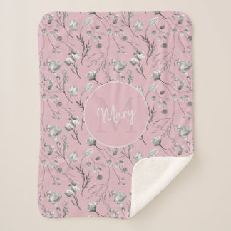 Monogram name pink floral personalised sherpa blanket
