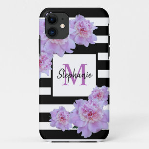 Monogram Name Pink Flower Black Stripe Purple Case-Mate iPhone Case