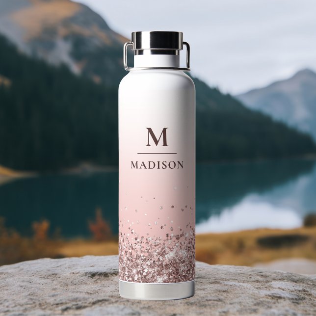Monogram Name Pink Glitter Stylish Monogrammed Water Bottle (Creator Uploaded)