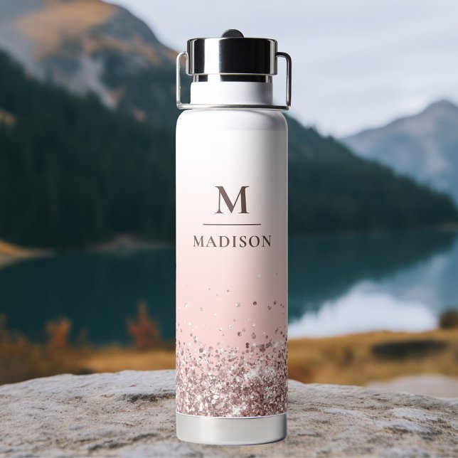 Monogram Name Pink Glitter Stylish Monogrammed Water Bottle (Creator Uploaded)