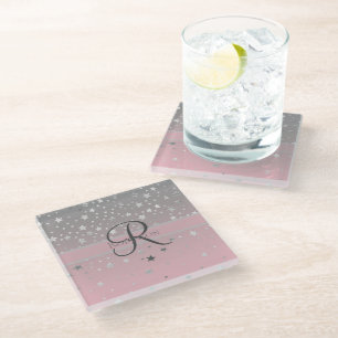 Monogram Name Pink Grey Silver Stars Trendy  Glass Coaster