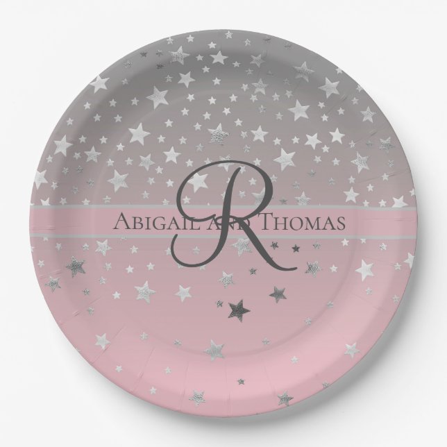 Monogram Name Pink Grey Silver Stars Wedding Paper Plate (Front)