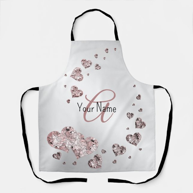 Monogram Name Pink Peach Shiny Hearts Geometric Apron (Front)