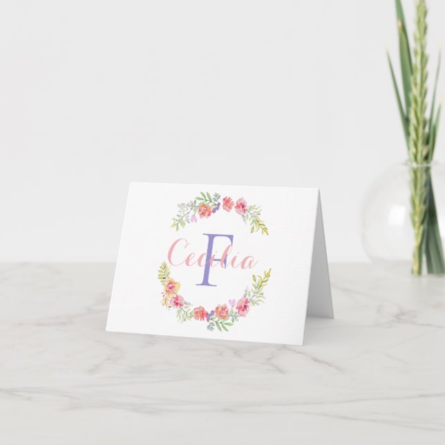 Monogram Name Pink Purple Yellow Green Floral  Thank You Card (Front)
