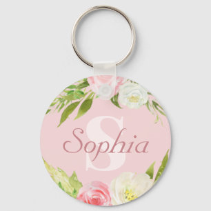 Monogram Name Pink Watercolor Floral Key Ring