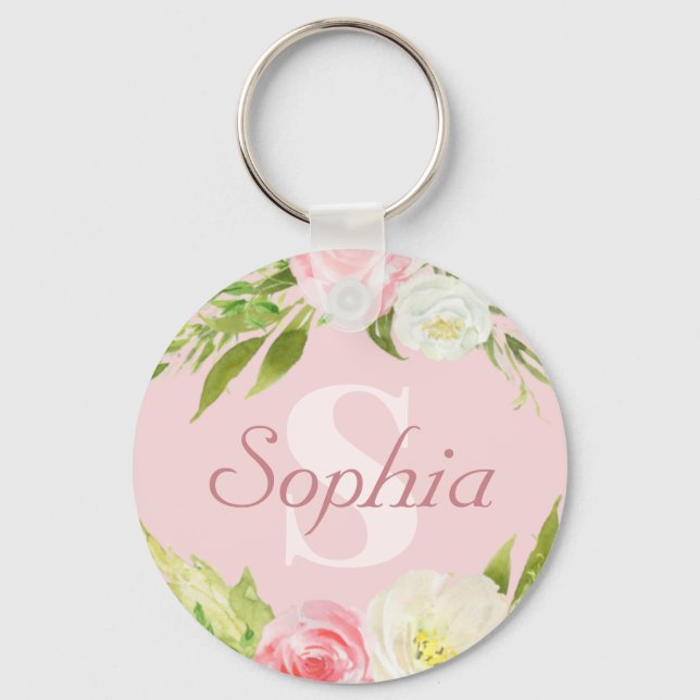 Monogram Name Pink Watercolor Floral Key Ring (Front)