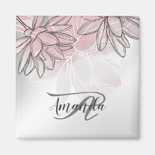 Monogram Name Pink White Flowers Watercolor Silver Magnet (Front)