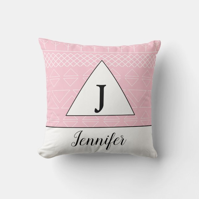 Monogram Name Pink White Geometric Pattern Cushion (Front)