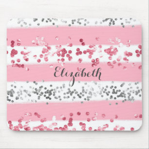Monogram Name Pink White Grey Glitter Girly Trendy Mouse Pad