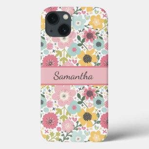 Monogram Name Pink Yellow Blue Floral  iPhone 13 Case