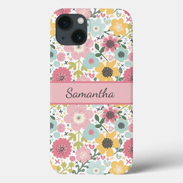 Monogram Name Pink Yellow Blue Floral  Case-Mate iPhone Case (Back)