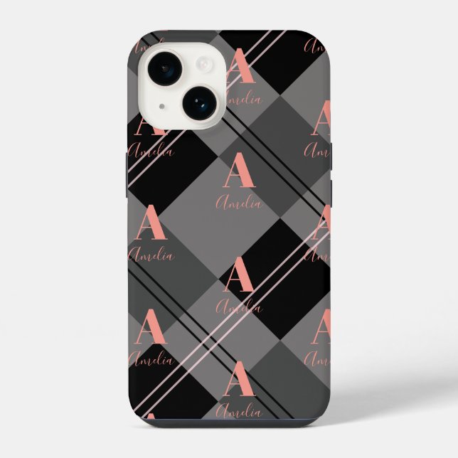 Monogram Name Plaid Grey Black Pink iPhone Case (Back)