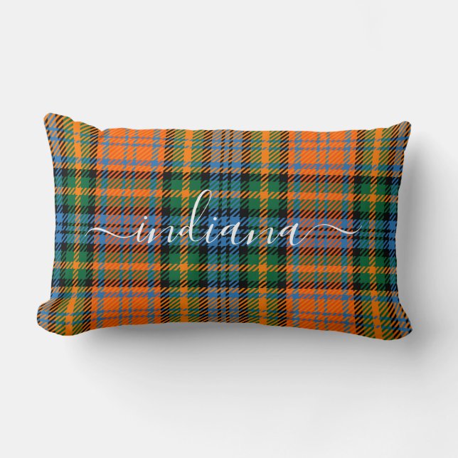 Monogram Name Plaid Orange Green Tartan Lumbar Cushion (Front)