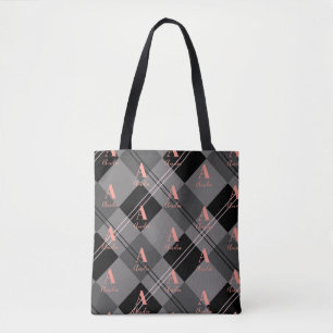 Monogram Name Plaid Pattern Grey Black Pink Tote Bag