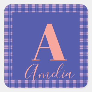 Monogram Name Plaid Purple Pink Birthday Gift Tag