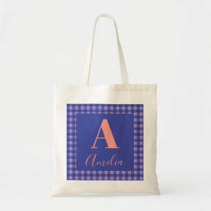 Monogram Name Plaid Purple Pink Tote Bag