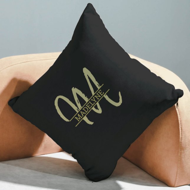 Monogram Name Plain Minimal Feminine Black & Gold Cushion (Creator Uploaded)