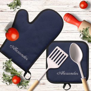 Monogram Name Plain Solid Navy Blue coloured  Oven Mitt & Pot Holder Set