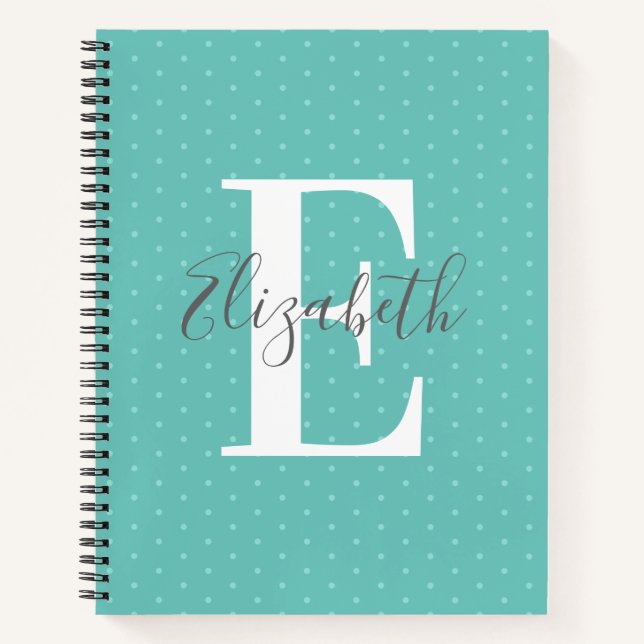 Monogram Name Polka Dot Teal Girly Notebook (Front)