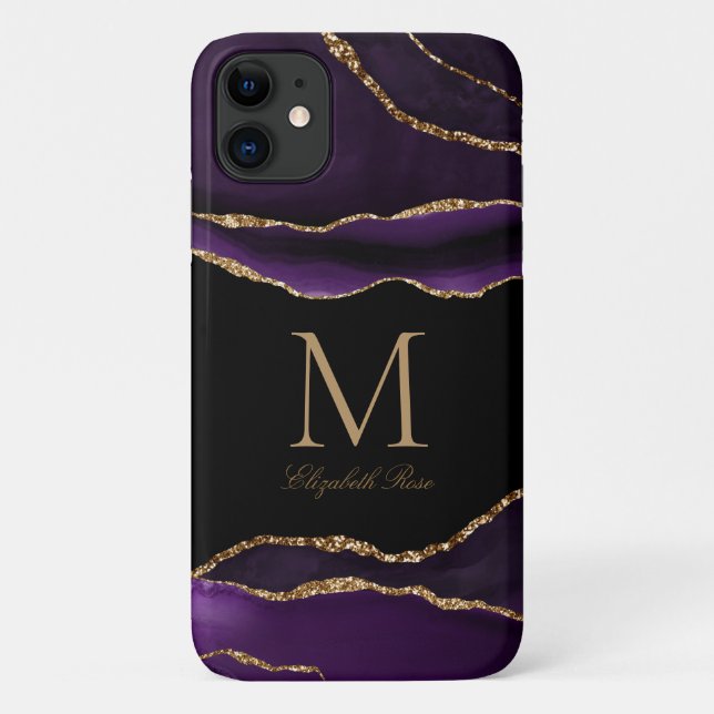 Monogram Name Purple Agate Gold Black Modern Case-Mate iPhone Case (Back)