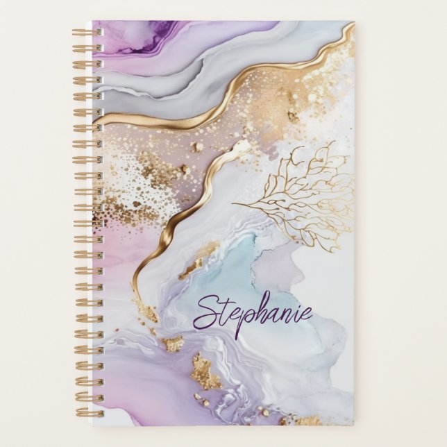 Monogram Name Purple Blue Gold Watercolor Wash Planner (Front)