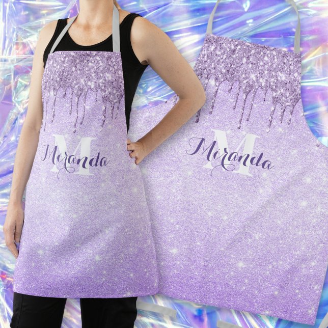 Monogram Name Purple Dripping Glitter Violet Ombre Apron (Creator Uploaded)