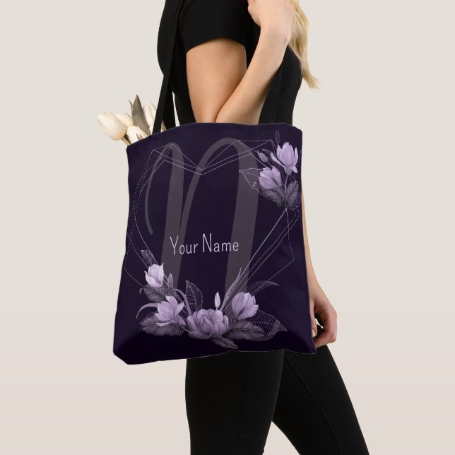 Monogram Name Purple Floral Violet Geometric Frame Tote Bag (Close Up)