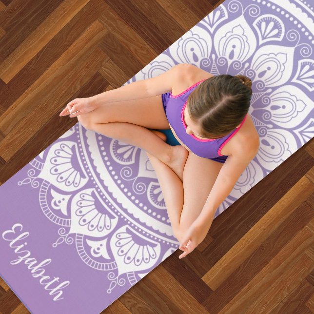 Monogram Name Purple Mandala Om Yoga Mat (A pretty purple and white mandala yoga exercise mat. Personalize it with your name.)