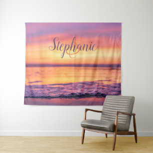 Monogram Name Purple Orange Ocean Wave Sunset Tapestry