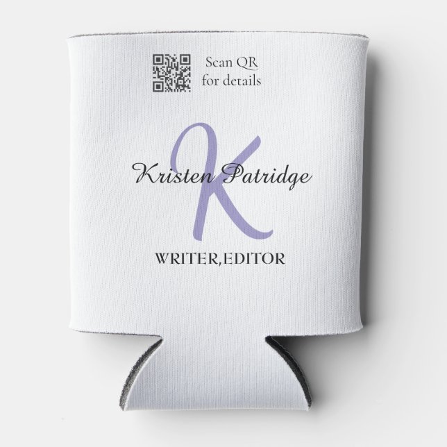 Monogram name purple writer editper QR code busine Can Cooler (Front)