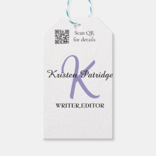 Monogram name purple writer editper QR code busine Gift Tags