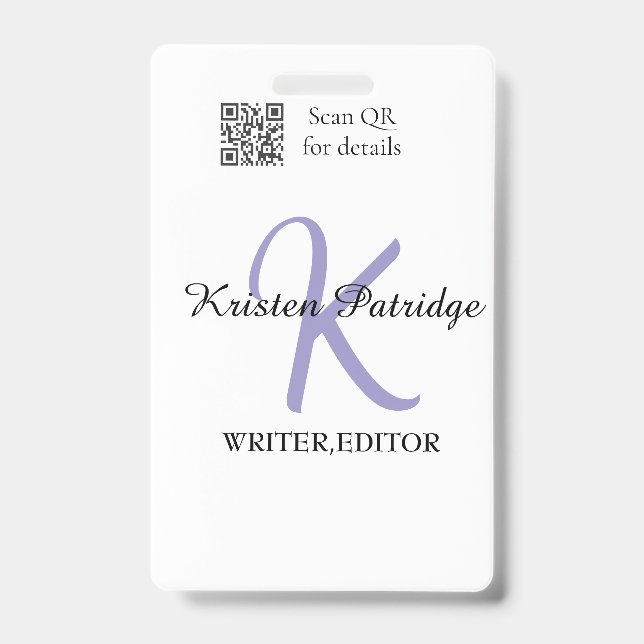 Monogram name purple writer editper QR code busine ID Badge (Front)