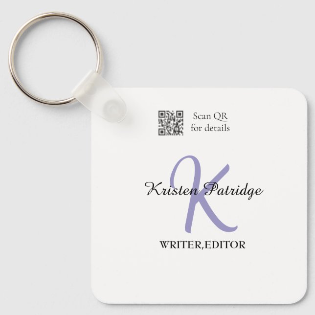 Monogram name purple writer editper QR code busine Key Ring (Front)
