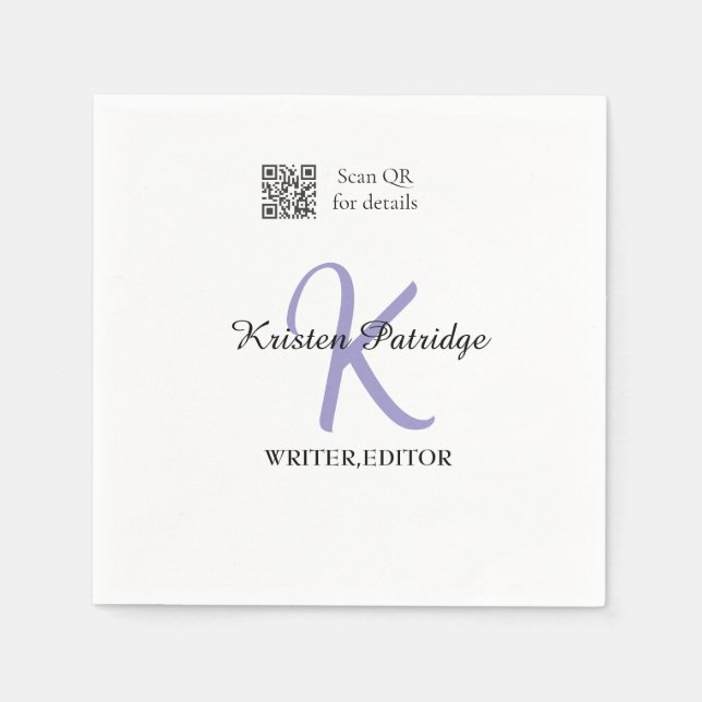 Monogram name purple writer editper QR code busine Napkin (Front)