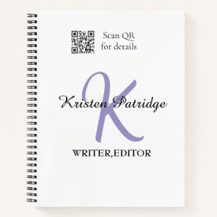 Monogram name purple writer editper QR code busine Notebook