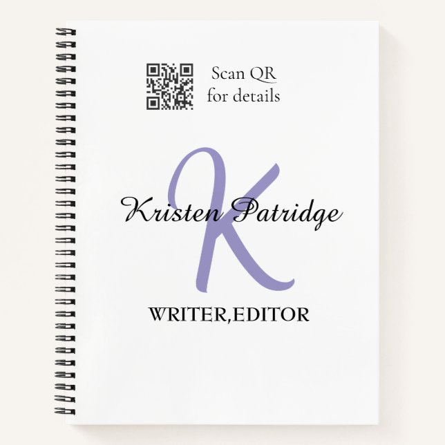 Monogram name purple writer editper QR code busine Notebook (Front)