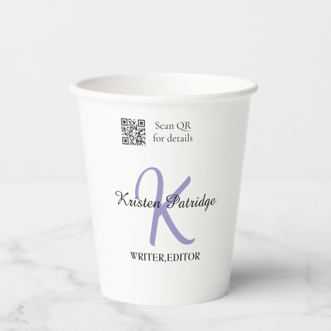 Monogram name purple writer editper QR code busine Paper Cups (Front)