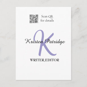 Monogram name purple writer editper QR code busine Postcard