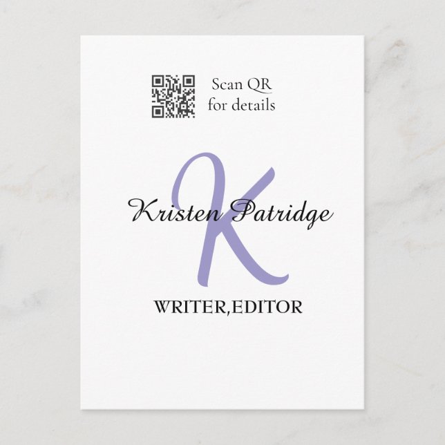 Monogram name purple writer editper QR code busine Postcard (Front)