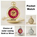 Monogram name red and gold with arrow and dots pocket watch<br><div class="desc">Personalise this pocket watch with initials,  monogram and a name. The words 'Don't be Late, ' can also be changed.
Designed in red with a pale gold circle and a red arrow and dots.</div>