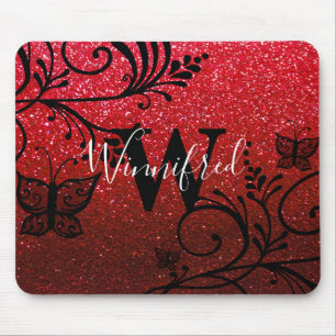 Monogram Name Red Black Ombre Glitter Butterflies Mouse Pad