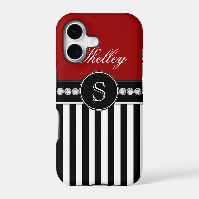 Monogram Name Red Black Stripes Pattern (Back)
