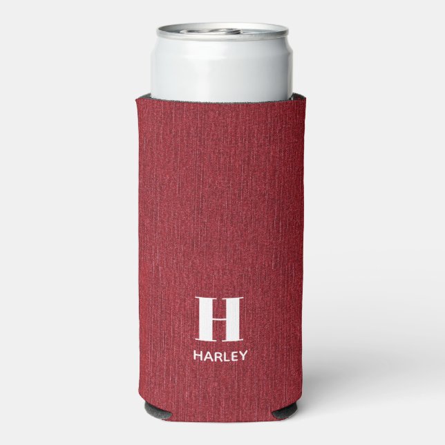 Monogram Name Red Denim Print Slim Seltzer Can Cooler (Seltzer Back)
